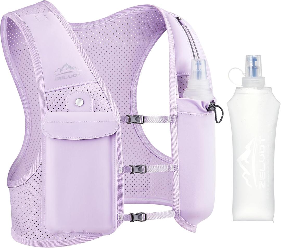 Zelvot Running Vest for Women Men, USA Original Patent, Adjustable Chest Straps Running Hydration Vest with 500ml Soft Flask, Breathable Reflective Running Vest for Trail Running Hiking (Purple, XS/ S)