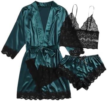 WDIRARA Women' Silk Satin Pajamas Set 4pcs Lingerie Floral Lace Cami Sleepwear with Robe M/L