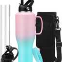 40 oz Insulated Water-Bottle that fits in Cup Holder - Straw & Chug Lid, Cold 48h/Hot 24h, Travel Coffee Tumblers with Handle & Strap Carrier Bag & Protective Boot, Leak Proof Metal Flask Cup (Pink&Green)