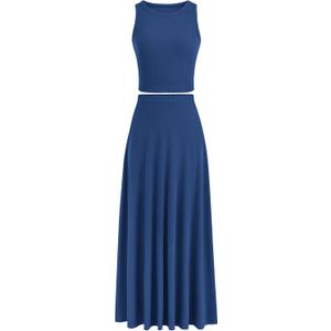 PRETTYGARDEN Women's 2 Piece Maxi Skirt Sets Casual Summer Knit Cropped Tank Top High Waisted Long Skirts Outfit (Dark Blue, X-Small)