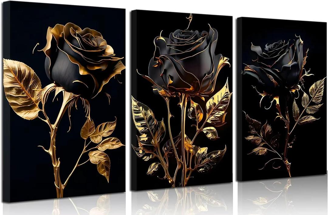 DHEEM 3Pcs Abstract Black And Gold Rose Wall Art Canvas Wrapping 16x24in, 24"LX 16"W-Canvas