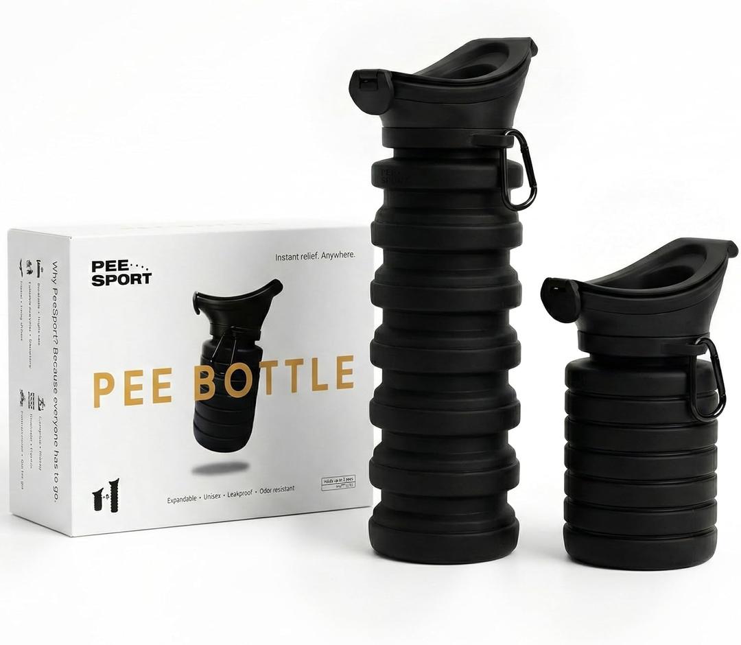 PeeSport Premium Pee Bottle, Portable Urinal for Men & Women, Leakproof Collapsible Silicone Travel Urinal 1000ml, Spill Proof, Car Camping Bedside, Seen on Shark Tank (Black)