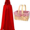 Hicarer Red Riding Hooded Cape with Picnic Basket Gingham Lining Red Cape Long Velvet Hooded Cloak with Basket for Halloween Costume Women (Small)