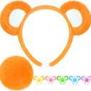 Bear Ears Headband and Tail Set for Adult, Bear Costume Animal Ears Costume with Red Heart Patch Accessory Set (Orange)