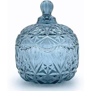 Colorful Crystal Glass Candy Snack Barrel Storage Jar Embossed Luxury Cookie Buffet Canister With Lids Jewelry Box Jar Biscuit Containers(Blue Grey)