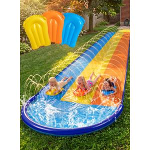 Sloosh Triple Water Slide with 3 BodyBoards, 22.5FT Lawn Water Slip Splash Pad Slide Summer Toy with Build in Advanced Sprinkler for Kids Adults Backyard Summer Water Fun