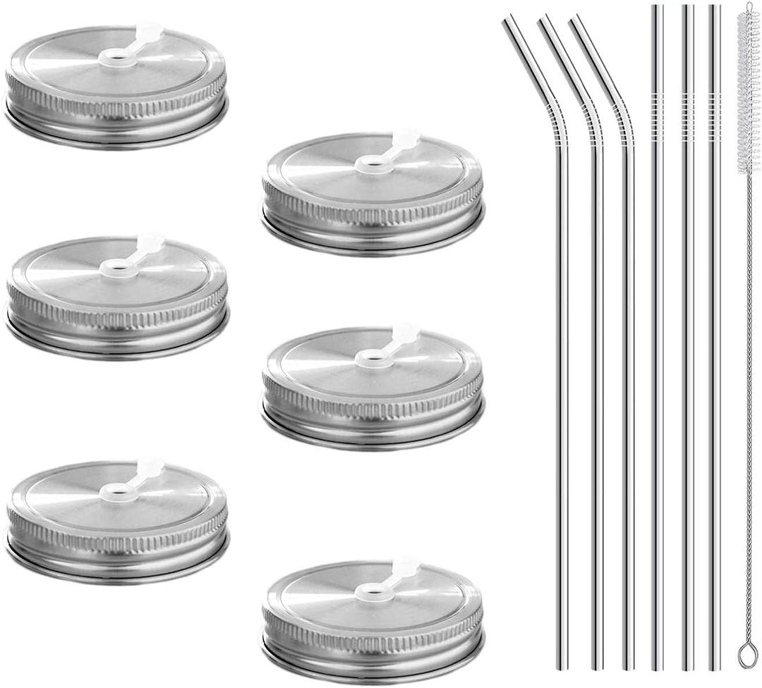 6pcs Pack 304 Stainless Steel Regular Mouth Mason Jar Lids with Straw Hole, Silicone Seals, Including 6pcs Stainless Steel Straws and 1pcs Cleaning Brush, Compatible with Ball & Kerr Mason Jars