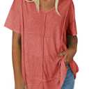 Tankaneo Womens Oversized Tshirts Knit V Neck Short Sleeve Tunic Tops Summer Casual Loose Fit Tee Shirts Orange Red (Red)