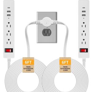 Split Extension Cord 12FT, Twin Flat Plug Power Strip with 6 AC Outlets and 6 USB Ports, 3 Prong Double Extension Cord for Behind Bed, Couch, Nightstands, Vanity and Furniture