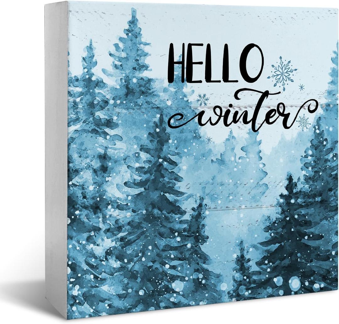 JXREQ Christmas Winter Desk Decor Wooden Box Sign, Blue Christmas Tiered Tray Decor, Hello Winter Sign Decor, Christmas Decorations for Home Kitchen Bedroom Living Room, 5x5 Inch