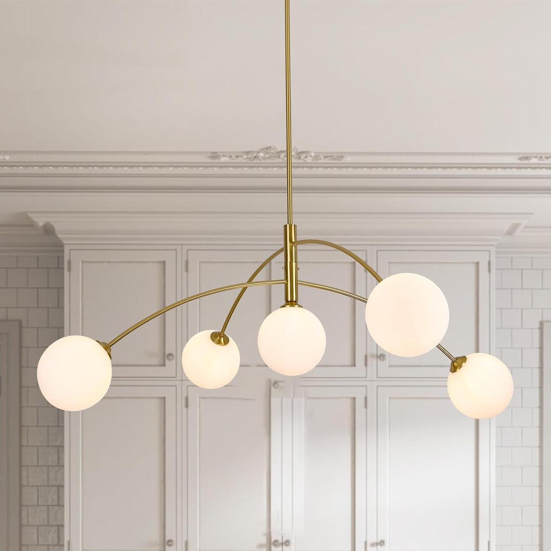 Gold Modern Chandelier 5-Light Glass Globe Ceiling Light Fixtures Mid Century Modern Sputnik Chandelier for Dining Room Kitchen Island Bedroom Living Room