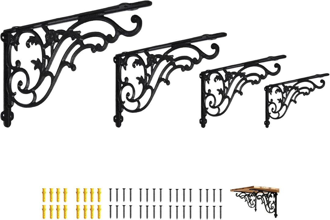 16 Inches Shelf Brackets 4 Pack Cast Iron Black Corbels 16'' * 9.5'' Decorative Shelf Supply Mouting Screws Included