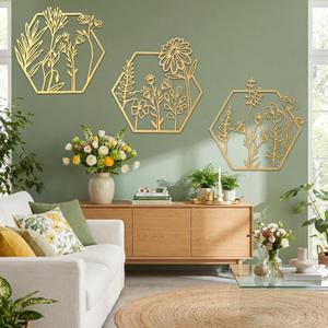 Peryiter 3 Pcs Metal Flower Wall Decor Minimalist Floral Wall Hanging Decor Metal Flower Rustic Floral Art for Spring Living Room Bathroom Kitchen Indoor Outdoor(Gold)