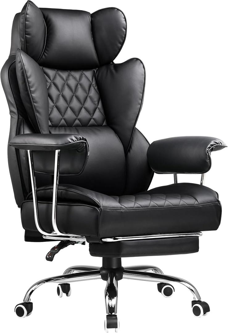 COMHOMA Big and Tall Office Chair, High Back Leather Gaming Chair with Footrest, Executive Ergonomic Office Chair with Pocket Spring Lumbar Support and with Outward Fixed Soft Armrests (Deep Black)