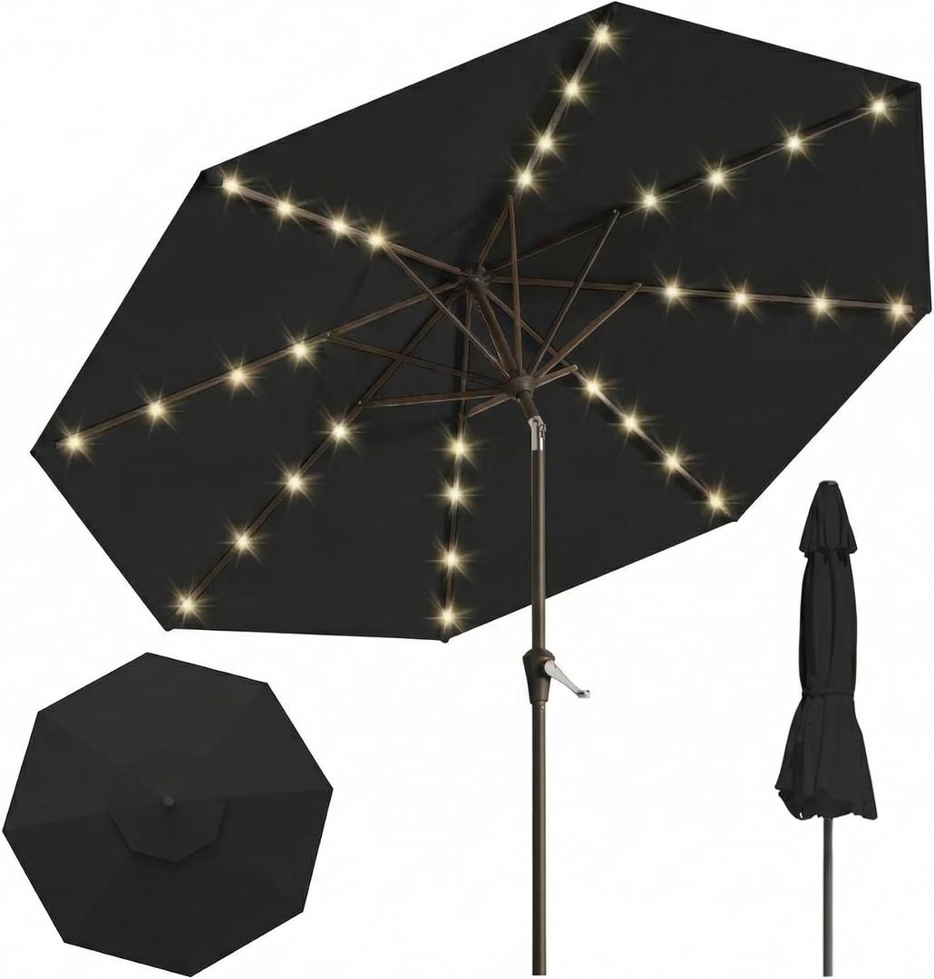 10FT Solar Lighted Patio Umbrella, Outdoor Table Market Umbrellas with Push Button Tilt and Crank, 32 LED Lights, 8 Sturdy Ribs, UV-Resistant for Deck, Garden, Pool, Black