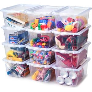 GAMENOTE 6 Quart Storage Bins with Lids, Plastic Latching Box for Classroom & Kids Toy Storage,Stackable Shoe Box Size Containers for STEM Morning Tubs, Crafts & Building Blocks (12, Clear)