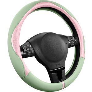 PIC AUTO Steering Wheel Cover, Pink Patterned & Green Leather Patchwork Design, Universal Fit 14.5"15.5", Anti-Slip, Odor-Free, Soft PU Grain Leather, Durable Grip Car Accessory for Girls & Women