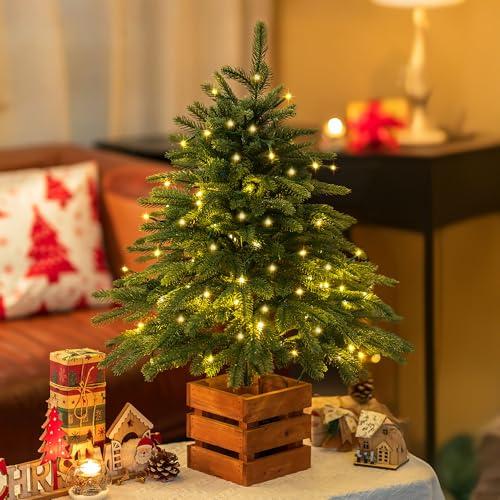BLOSMON Christmas Norfolk Pine Tree: 2.6ft Small Table Top Christmas Tree with Lights - Remote Control 70 LEDs Timer 8 Lighting Modes Wooden Pot - Mini Artificial Xmas Trees Desk Home Decor