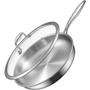 EWFEN 12 Inch Tri-Ply Stainless Steel Frying Pan, Compatible with All Cooktops Up to 600, Large Frying Pan with lids, Induction-Ready Skillet, Dishwasher and Oven Safe, Even Heat, 12" Skillet + Lid