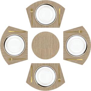 SHACOS Large Size Wedge Placemats with Centerpiece Mat Set of 5, PVC Woven Vinyl Placemats for Round Table Washable Indoor Outdoor Table Mats Reversible Durable, Tan