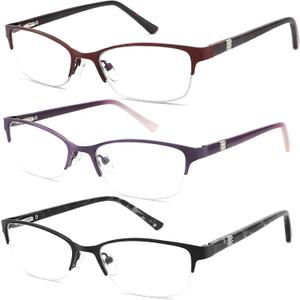 3 Pack Reading Glasses for Women Blue Light Blocking, Metal Oval Half Frame Womens Readers Glass with Spring Hinge, Anti Blue Ray Reduce Eye Strain Glare Headache(1.75x Magnification Strength)
