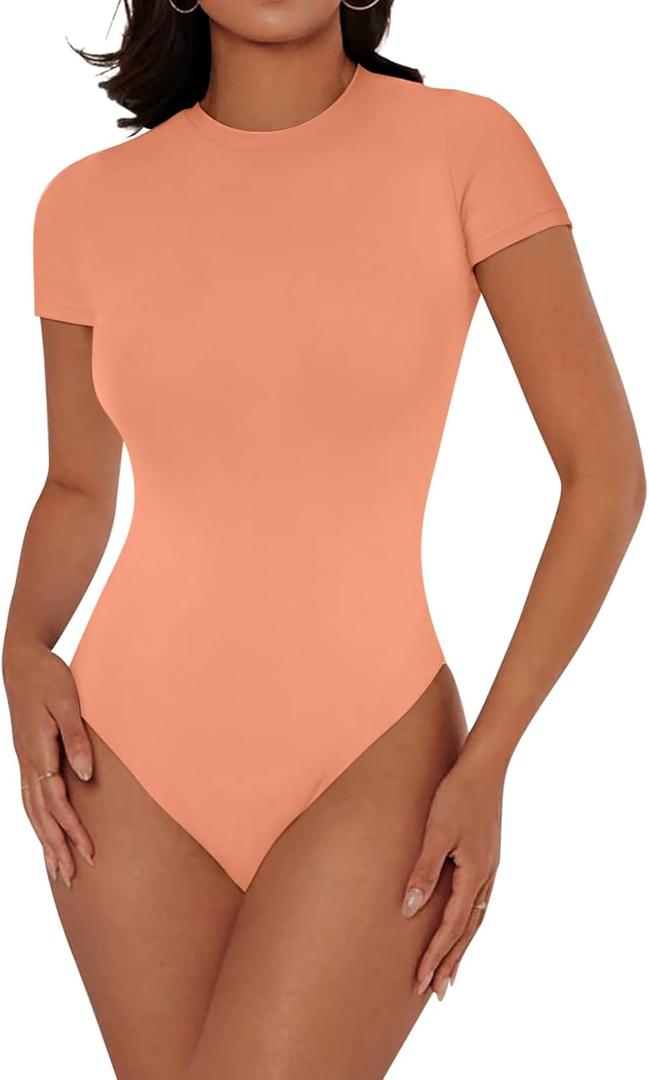 Cyanstyle Women's Sexy Short Sleeve Crew Neck Double Lined Going Out Thong Bodysuit Tops, Size: Small