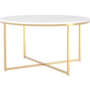 Walker Edison Modern Glam Round Accent Faux White Marble Coffee Table with Gold X-Base, 35.5 Inch, 36 Inch