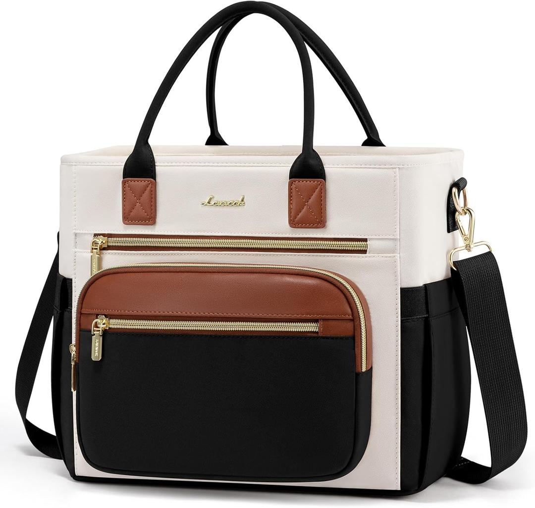 LOVEVOOK Insulated Lunch Bag Women,Wide Opening Adult Lunch Box Women,Large Leakproof Cooler Bag for Work Picnic Beach Family College,Lunch Teacher Tote Bag with Adjustable Shoulder Strap Cup Holder (Black with Off White with Brown)