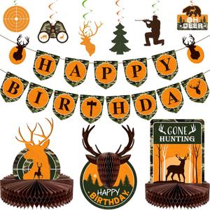 16 Pcs Hunting Birthday Party Decorations Camo Deer Hunting Birthday Decorations Include Banner Deer Table Centerpiece Honeycomb for Party Supplies
