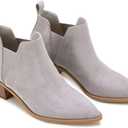 Trish Lucia Womens Ankle Boots Pointed Toe Stacked Chunky Heel Slip on Chelsea Short Booties (Gray)