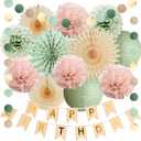 Sage Green and Light Pink Birthday Decorations Pastel Pink and Green Birthday Decorations Boho Dusty Rose Blush Pom Poms Beige Fans with Happy Birthday Banner Beige and Gold for Women Girls