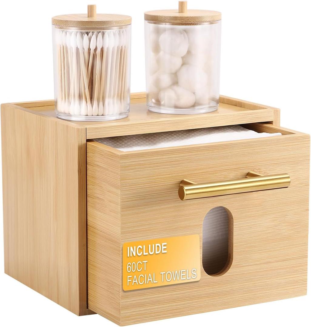 Face Towels Holder with 60 XL Towels, Disposable Towelettes Bamboo Box Cotton Balls Holders, Facial Towels Container with Drawer, Towels XL Organizer for Bathroom, Makeup Remover Dry Wipes Washcloths