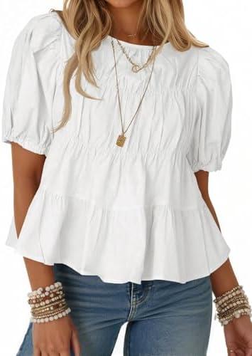 Tankaneo Womens Puff Sleeve Peplum Babydoll Tops Summer Flowy Pleated Cotton T-Shirts Casual Loose Fit Cute Blouse M