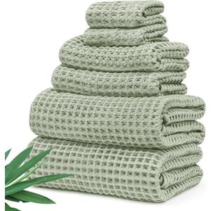 Alusa Home Ultra Soft Viscose from Bamboo Waffle Towels - Lightweight Bath Towel Set of 6 - Compact, Quick Dry & Lint Free (Eucalyptus Green)