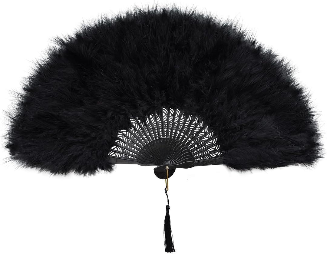 Marabou Feather Fans Handheld, 1920s Vintage Gatsby Style Flapper Folding Hand Fan Foldable for Wedding Bridal Dancing Tea Party Costume Accessories Decoration (Black)