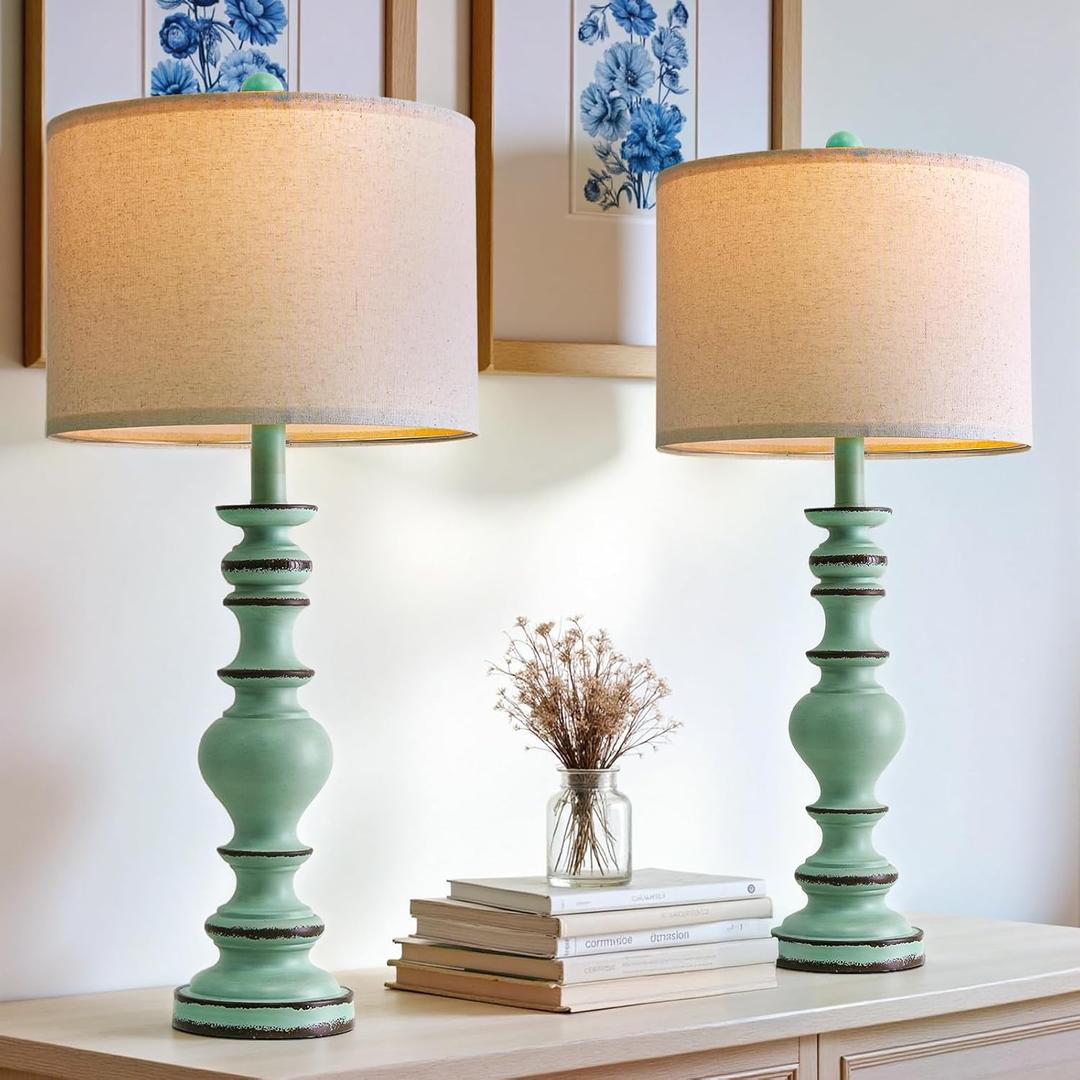 BOBOMOMO 27" Distressed Teal Table Lamps Set of 2, Large Coastal Farmhouse Resin Lamps with Linen Shades, Blue Green Lamps for Living Room, Bedroom, or Console Table Home Dcor