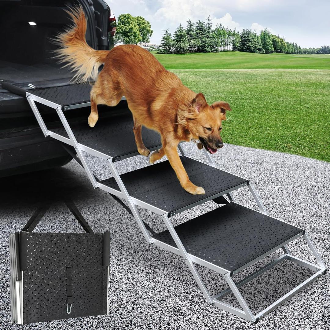 DGSL Extra Wide 4-Step Dog Ramp for Truck, SUV & Bed - Folding Steps with Non-Slip Surface, Supports Up to 250 Lbs (Black)