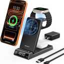 3 in 1 Charging Station for Apple, ELECDOV Magnetic Charger for iPhone, Foldable Wireless Charger with Clock, Travel Watch Charger Stand for iPhone 17/Air/16/15 Series, iWatch 10/AirPods 4 (Black)