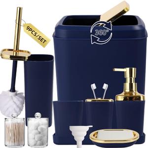 Navy Blue Bathroom Accessories Set, Blue and Gold Bathroom Accessories with Trash Can, Soap Dispenser, Soap Dish, Toothbrush Holder and Q-tip Holders
