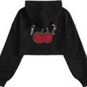 WDIRARA Girl's Cute Cat Ear Crop Tops Long Sleeve Causal Plain Hoodie Sweatshirt Shirt Pure Black Solid 8Y (Black)