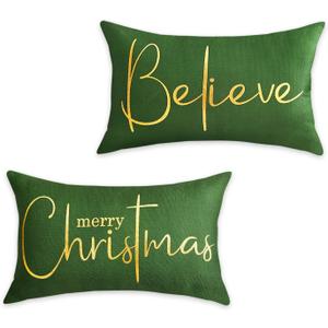 HOMFREEST Gold Green Christmas Pillow Covers 12x20 Set of 2 Merry Christmas Throw Pillowcases Xmax Winer Holiday Outdoor Cushion Cases for Sofa Couch