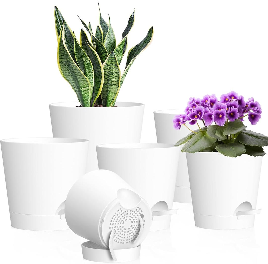 7/ 6.5/ 6/ 5.5/ 5/ 4 inch Self Watering Pots for Indoor Outdoor Plants, 6 Pack Plastic Flower Planters with Drainage Holes and Removable Saucers, Plant Pots with Wicking Rope, Modern Decor, White