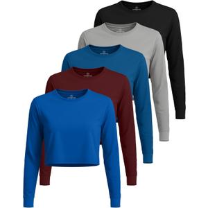 5 Pack Women's Dry Fit Long Sleeve Crop Tops Workout Athletic Crew Neck Tee | Available In Plus Size, Basic Casual Gym Running Yoga Pilates Exercise Shirts, Plain Moisture Wicking, Cute Trendy Cropped, Medium