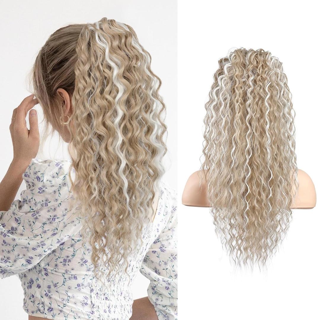 SEIKEA Ponytail Extension, PT005 Isabella 22" Long Bohemian Curly Drawstring Ponytail, Light Fluffy Multi-Layered Clip in Hair Extensions, Natural Soft Synthetic Hairpiece, Medium/White Blonde