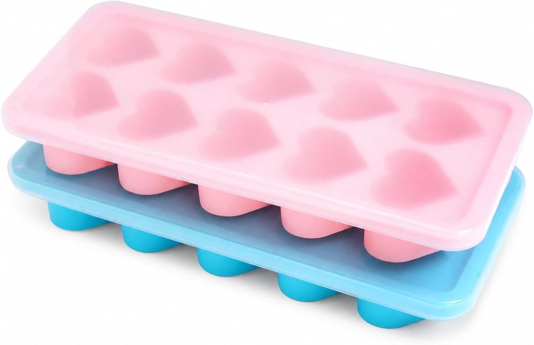 2 Pcs Heart Ice Cube Trays,Ice Maker,Silicone Molds with Removable Lid,Stackable Ice Trays with Covers(Pink,Blue)