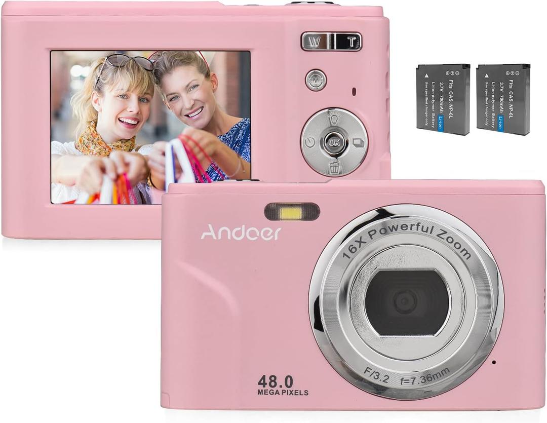 Andoer Portable Digital Camera 48MP 1080P 2.4-inch IPS Screen 16X Zoom Auto Focus Self-Timer 128GB Extended Memory Face Detection Anti-Shaking with 2pcs Batteries Hand Strap Carry Pouch (Pink)