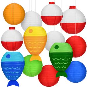 Bencailor 13 Pcs Fishing Hanging Paper Lanterns Fishing Birthday Decorations Fish Shaped Lanterns Bobber Round Paper Lanterns for Fishermen Theme Pool Party Decoration Supplies, 12 Inches, 8 Inches