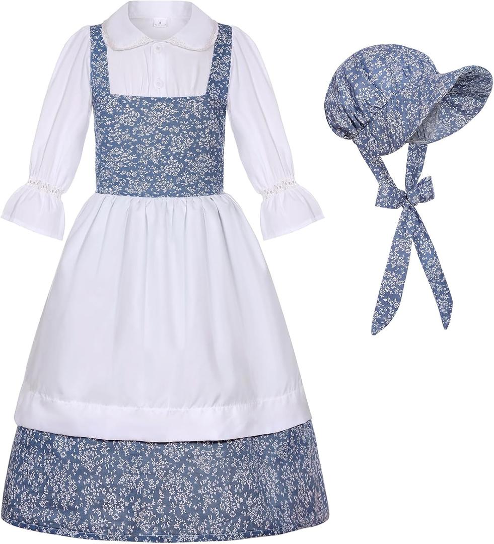 Colonial Costume Girls Pioneer Girl Costume Prairie Dress with Bonnet (7-8 Years)