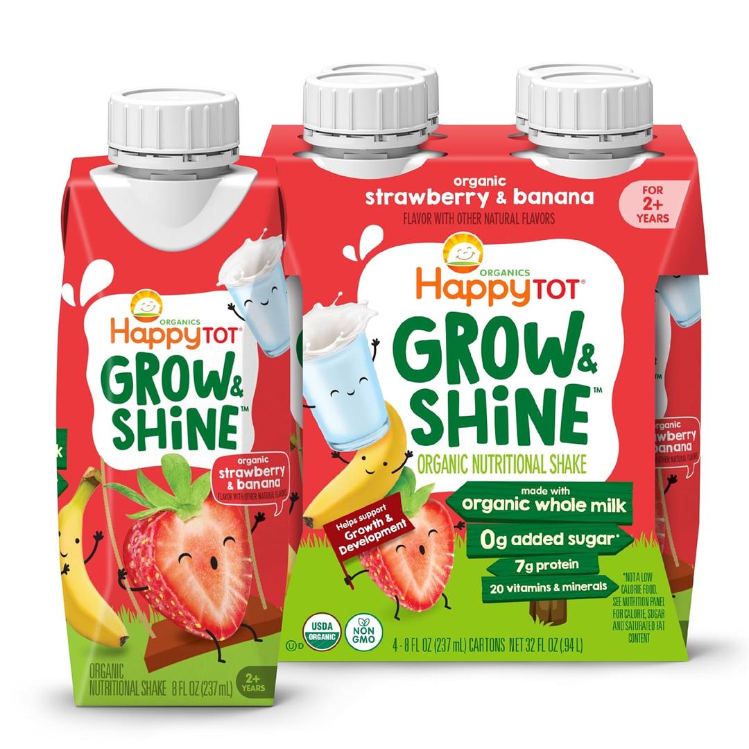 HAPPYTOT Organic Grow & Shine, Whole Milk-Based Tot Nutrition Shake, Strawberry & Banana, for Growing Toddlers & Picky Eaters, 8 Fl Oz (Pack of 4)