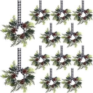 Zeyune 6 Pcs Christmas Kitchen Cabinet Wreaths with Plaid Bow 14.96 x 7.87 Inch Hanging Christmas Cabinet Doors Wreaths Decorative for Kitchen Window Outdoor Indoor Xmas Holiday Decor